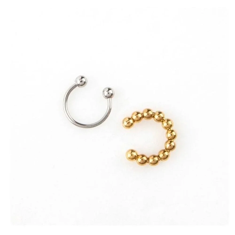 2pc Mixed Metal‎ Ear Cuff Set Silver Horseshoe and Gold Beaded Cartilage Jewelry